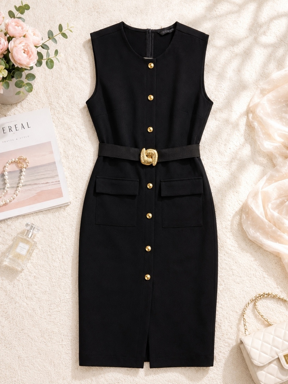 Zara Black Sleeveless Belted Dress Small Elegant